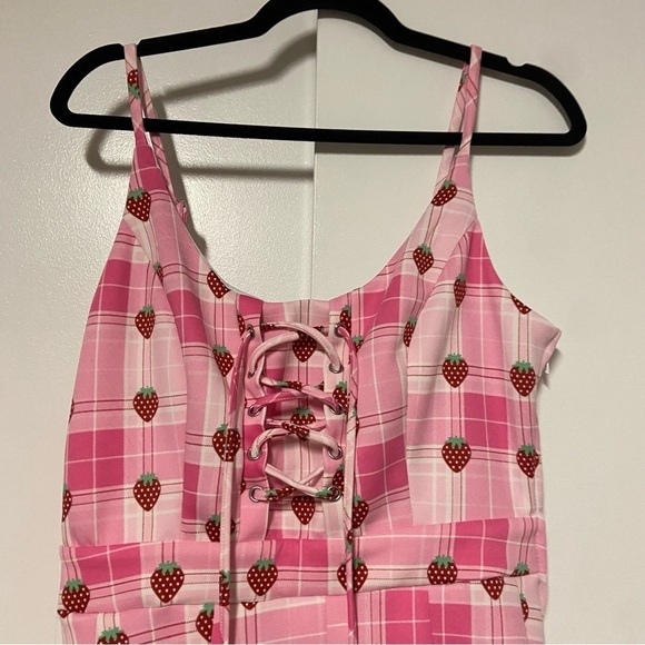 Hot Topic Strawberry Plaid Lace Up Dress Size S/M - Picture 3 of 7